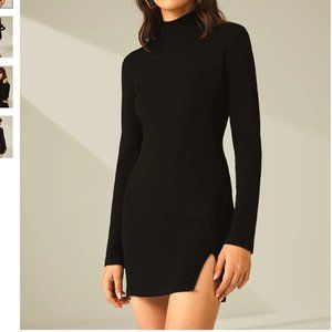 Turtleneck Long Sleeve Mini Dress with Slit and Ribbed Paneling